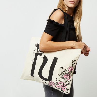 Beige floral bulldog shopper bag